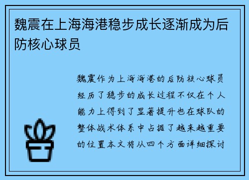 魏震在上海海港稳步成长逐渐成为后防核心球员